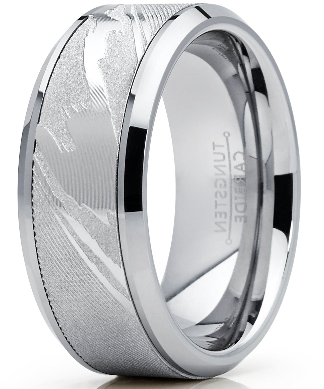 Men's Tungsten Carbide Wedding Band Ring, Inlaid Simulated Damascus Pattern 9mm