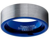Men's Blue Tungsten Carbide Pipe-Cut Wedding Band Ring Brushed Comfort Fit Band 8mm