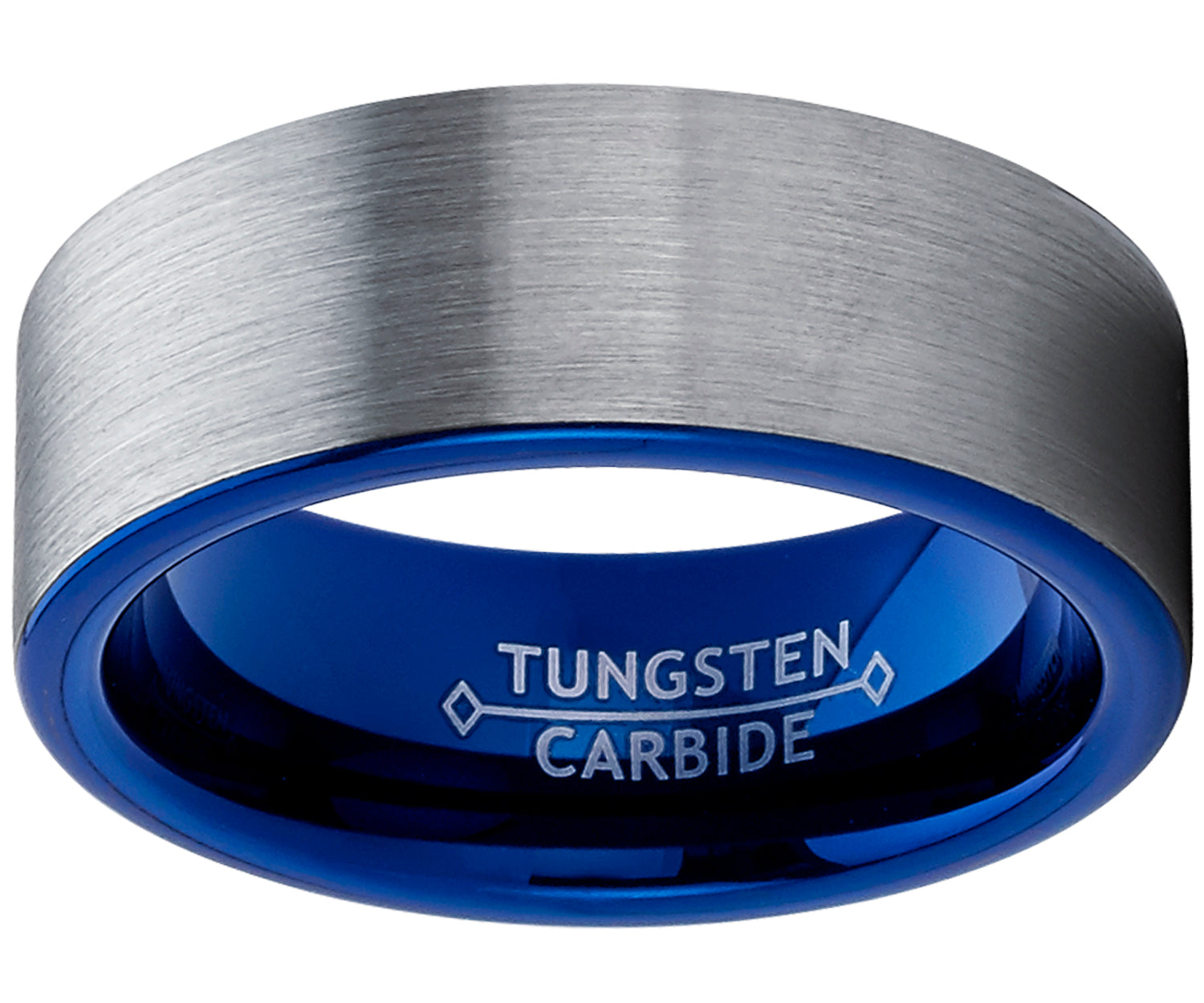 Men's Blue Tungsten Carbide Pipe-Cut Wedding Band Ring Brushed Comfort Fit Band 8mm