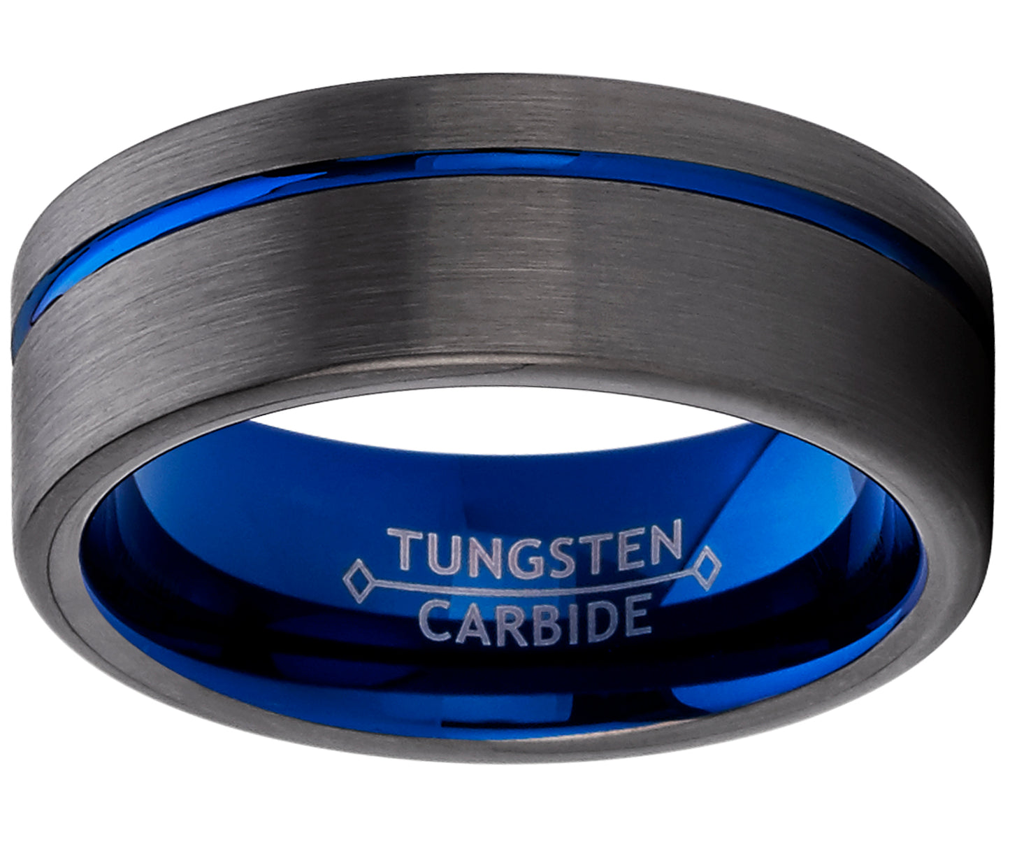 Men's Grooved Tungsten Carbide Wedding Band Engagement Ring Gun Metal and Blue Color, Comfort Fit 8mm