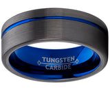 Men's Grooved Tungsten Carbide Wedding Band Engagement Ring Gun Metal and Blue Color, Comfort Fit 8mm