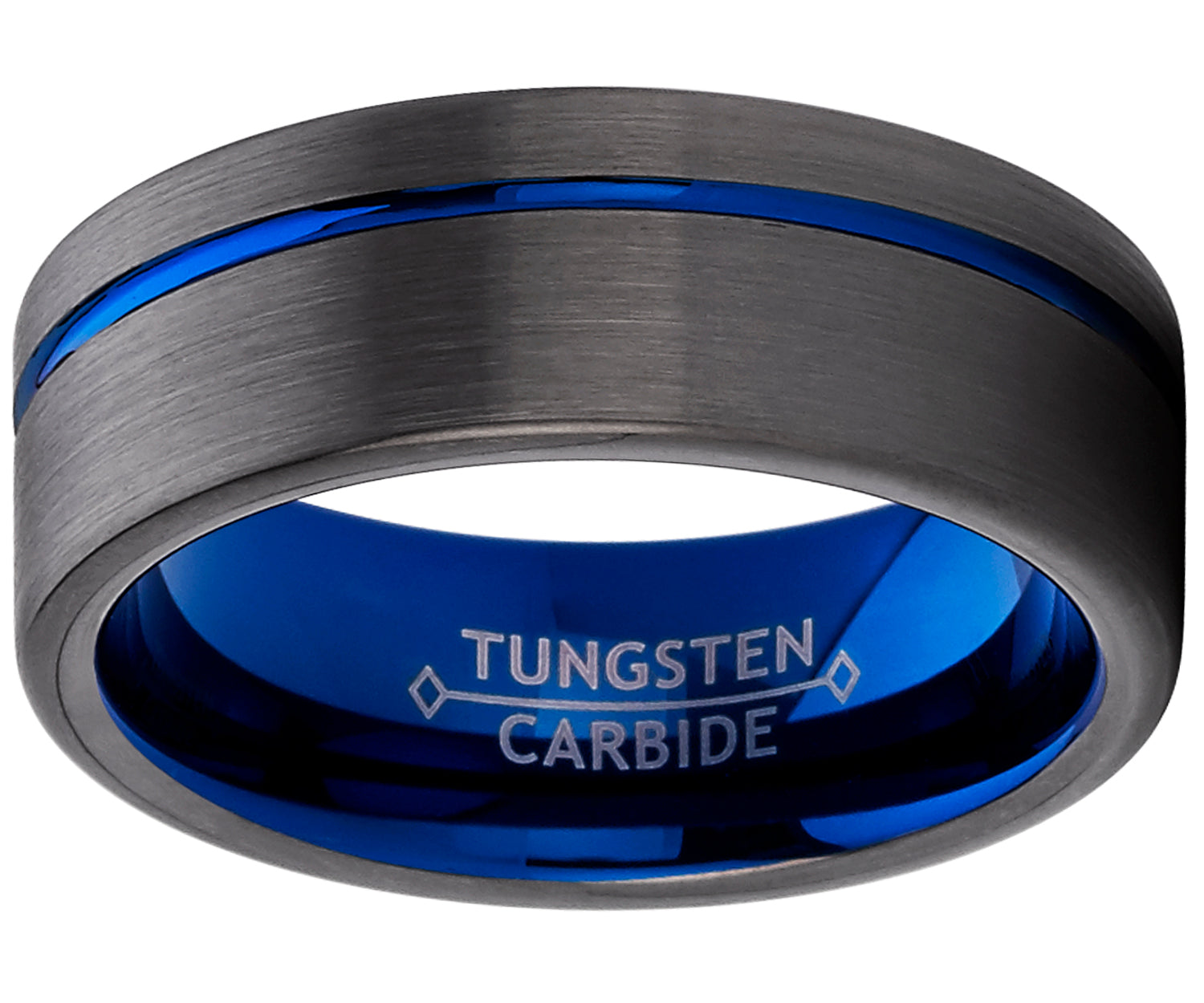 Men's Grooved Tungsten Carbide Wedding Band Engagement Ring Gun Metal and Blue Color, Comfort Fit 8mm