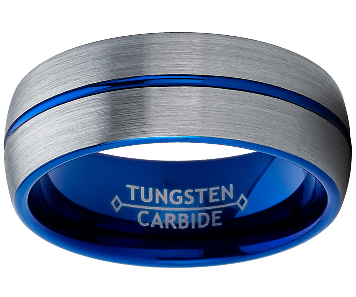 Men's Blue Tungsten Carbide Wedding Band Engagement Ring, Dome Grooved Center Comfort Fit 8mm