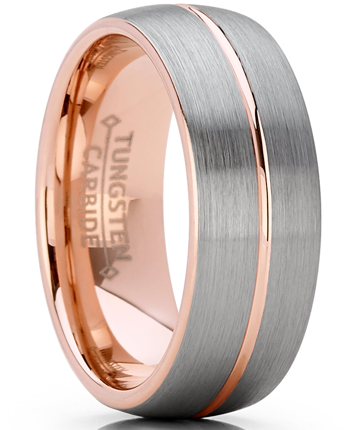 Men's Rose Tone Tungsten Carbide Wedding Band Engagement Ring, Dome Grooved Center Comfort Fit 8mm