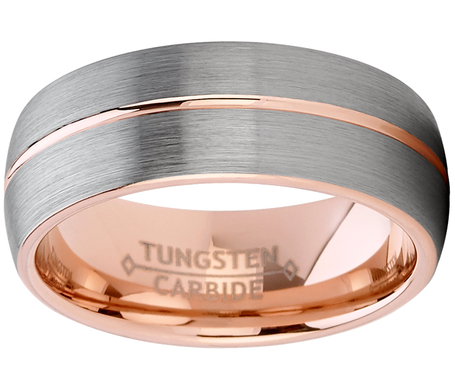 Men's Rose Tone Tungsten Carbide Wedding Band Engagement Ring, Dome Grooved Center Comfort Fit 8mm