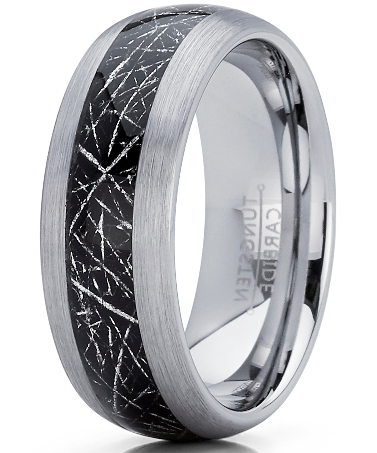 Men's Tungsten Carbide Wedding Band Ring with Imitated Meteorite Inlay, Dome Comfort Fit 8mm