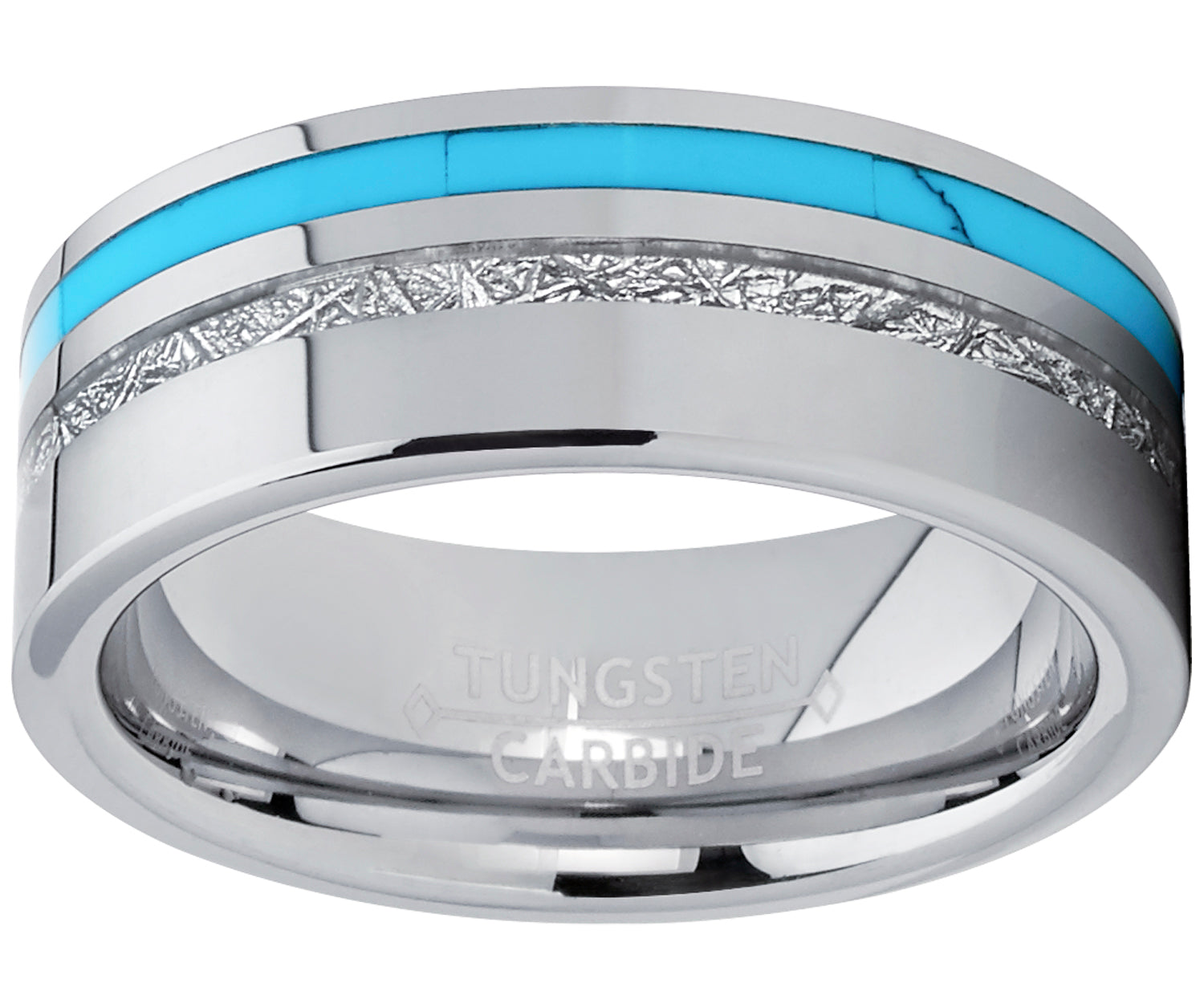 Men's Tungsten Carbide Wedding Band with Turquoise and Imitated Meteorite Inlay Comfort Fit 8mm