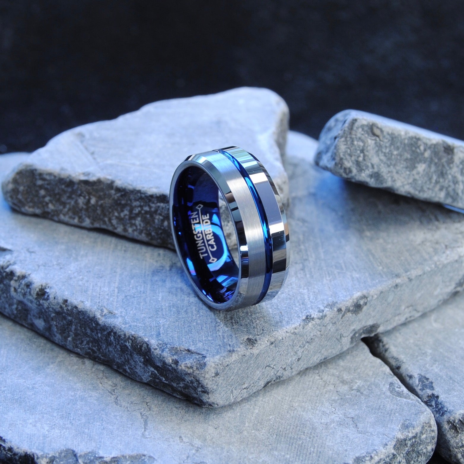 Men's Half anf Half Blue Tungsten Carbide Wedding Band Engagement Ring, Comfort Fit 8mm