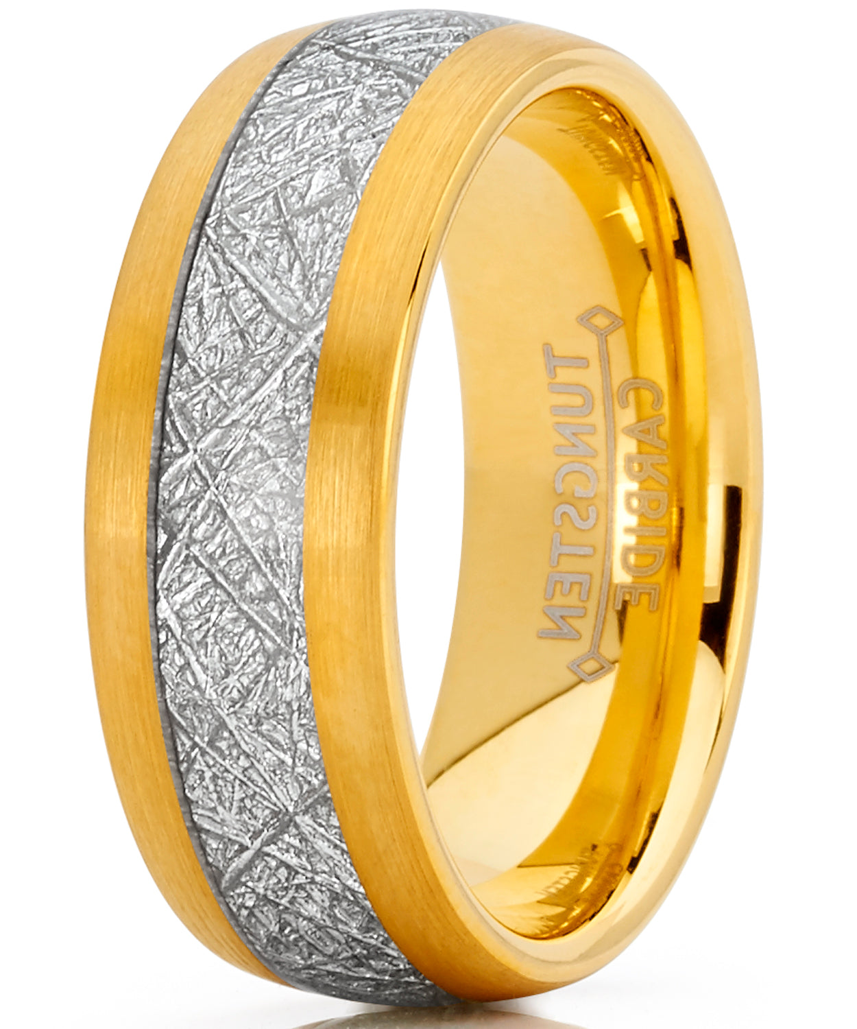 Men's Tungsten Carbide Gold Tone Wedding Band Ring, Imitated Meteorite Inlay Comfort Fit