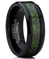 Men's Black Tungsten Carbide Dragon Ring Wedding Band Green Carbon Fiber Comfort Fit 8mm