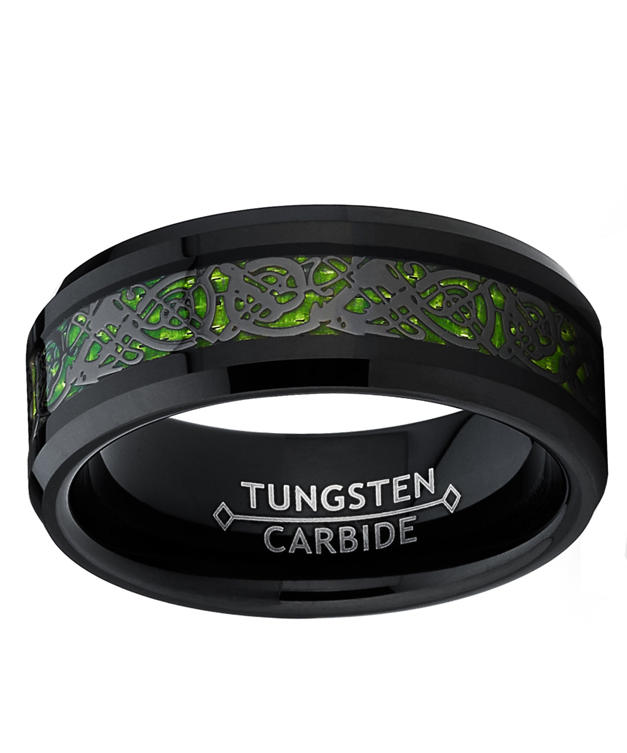 Men's Black Tungsten Carbide Dragon Ring Wedding Band Green Carbon Fiber Comfort Fit 8mm