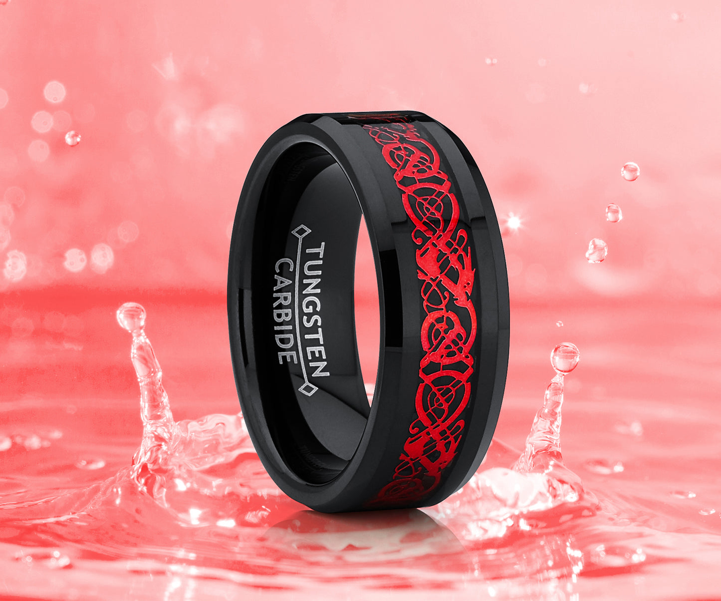 Men's Dragon Tungsten Ring Wedding Band Black Red Carbon Fiber Comfort-Fit 8MM