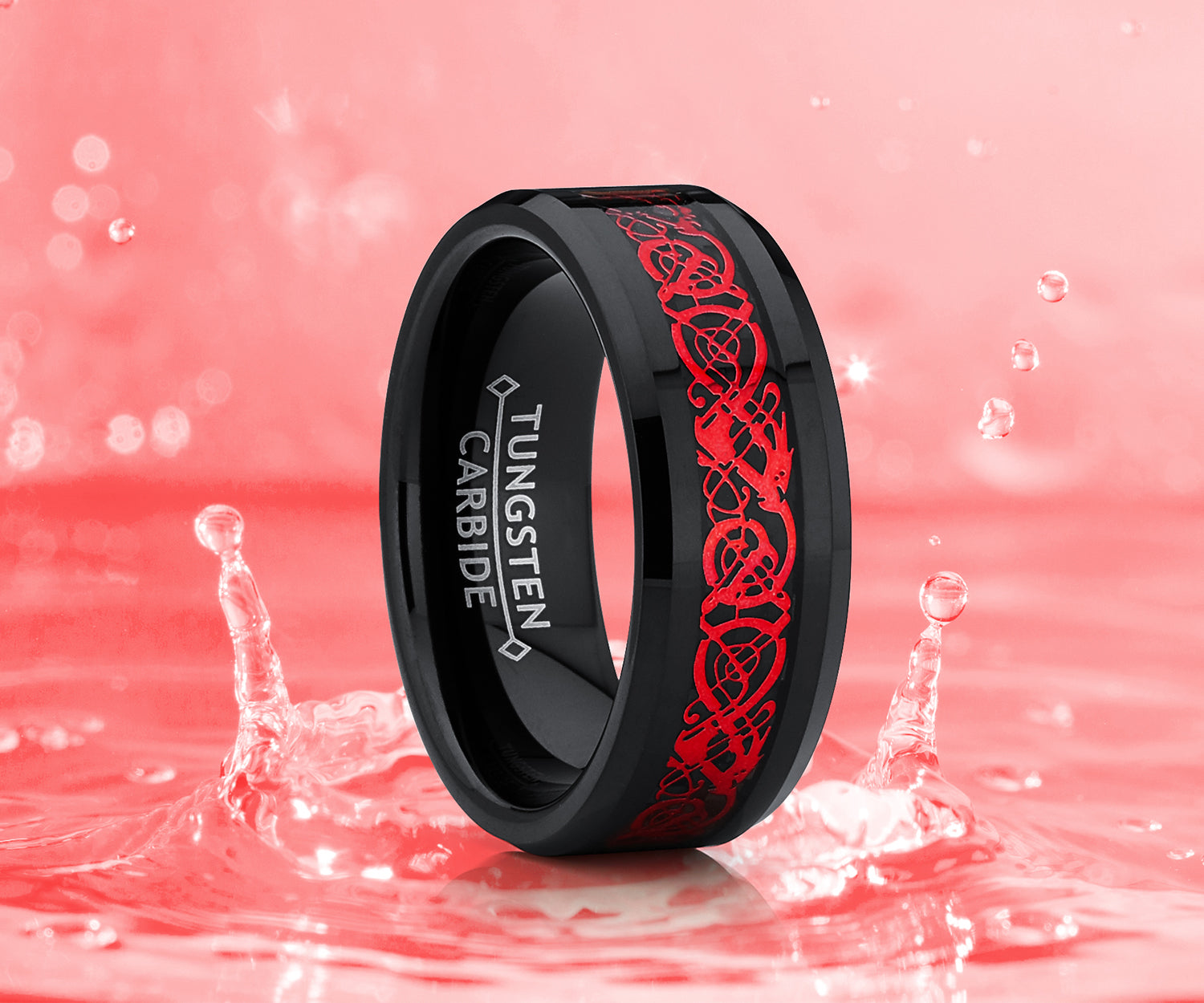 Men's Dragon Tungsten Ring Wedding Band Black Red Carbon Fiber Comfort-Fit 8MM