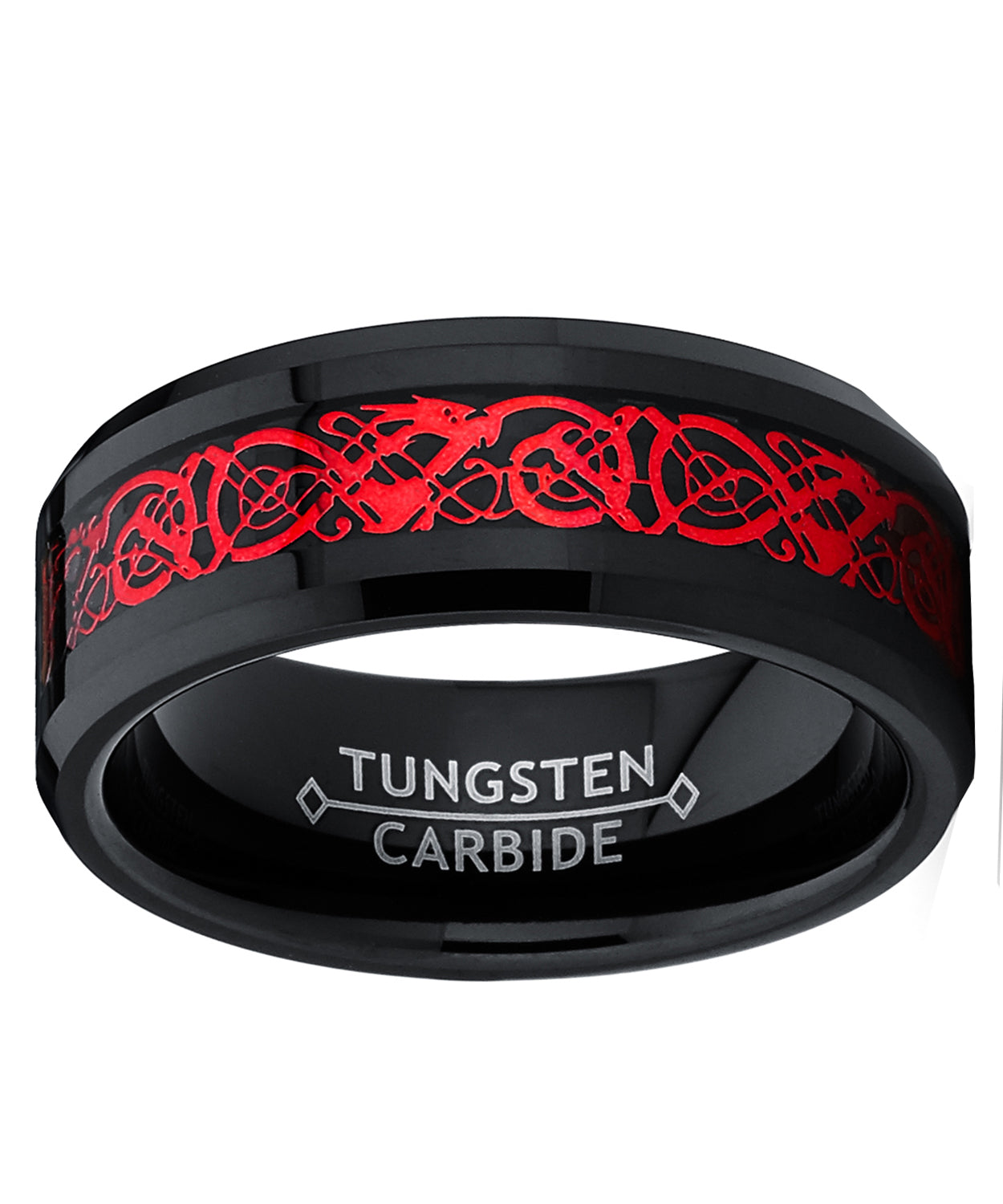 Men's Dragon Tungsten Ring Wedding Band Black Red Carbon Fiber Comfort-Fit 8MM