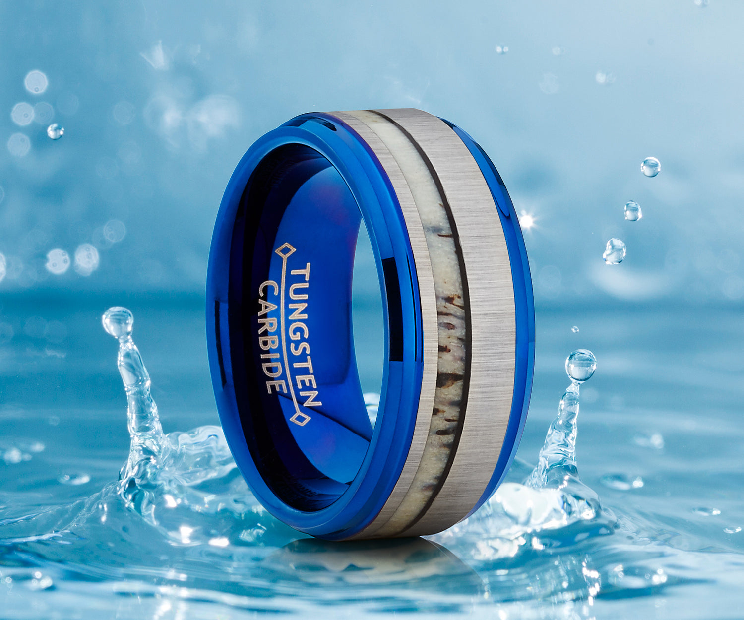 Men's Tungsten Carbide Blue Wedding Band Ring Real Deer Antler Inlay Comfort Fit 9mm