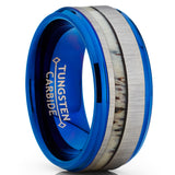 Men's Tungsten Carbide Blue Wedding Band Ring Real Deer Antler Inlay Comfort Fit 9mm