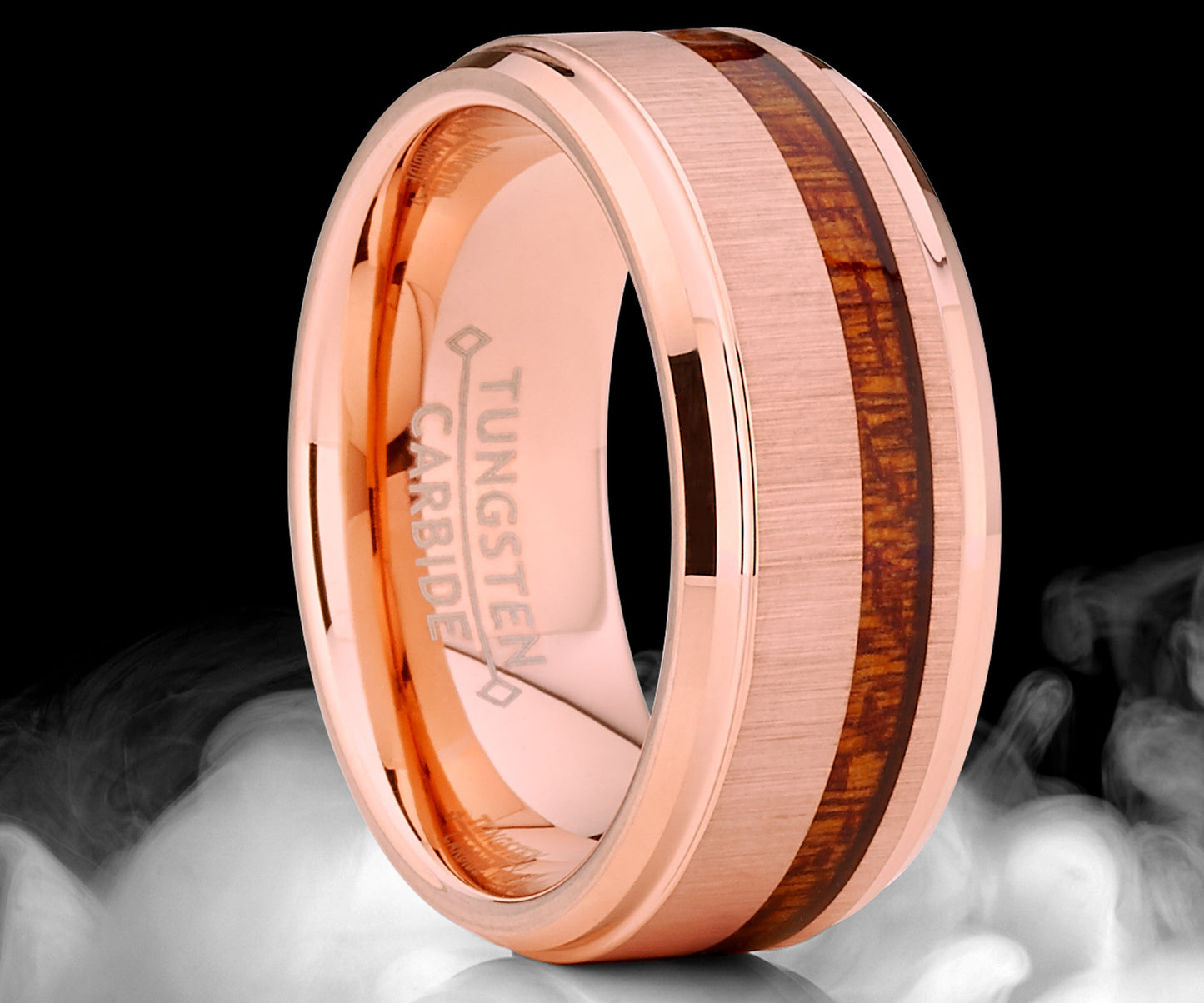 Men's Tungsten Carbide Rose Tone Plated Wedding Band Ring Real Koa Wood Comfort Fit