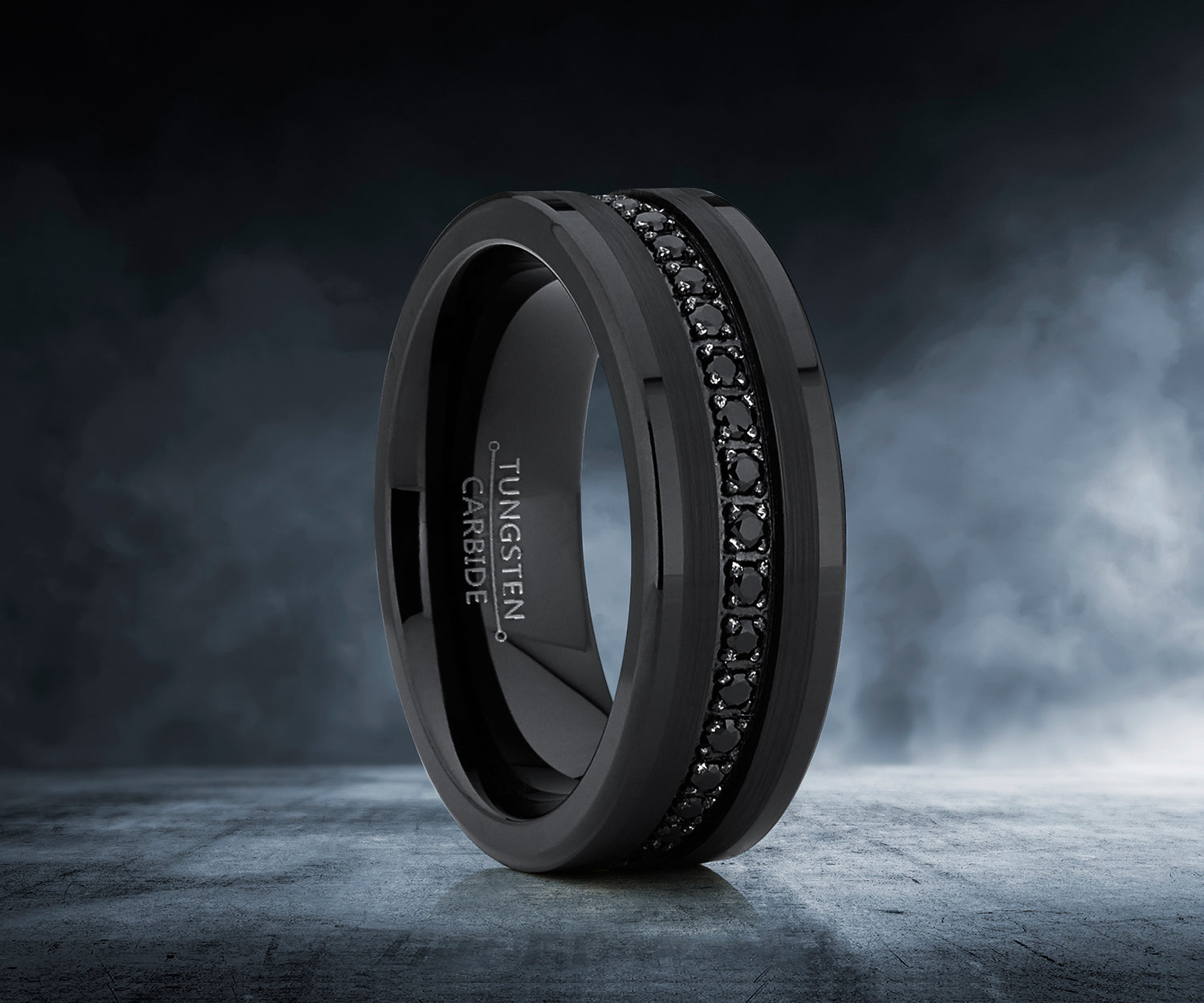 Men's Tungsten Black Wedding Band Eternity Ring Cubic Zirconia Comfort-Fit CZ