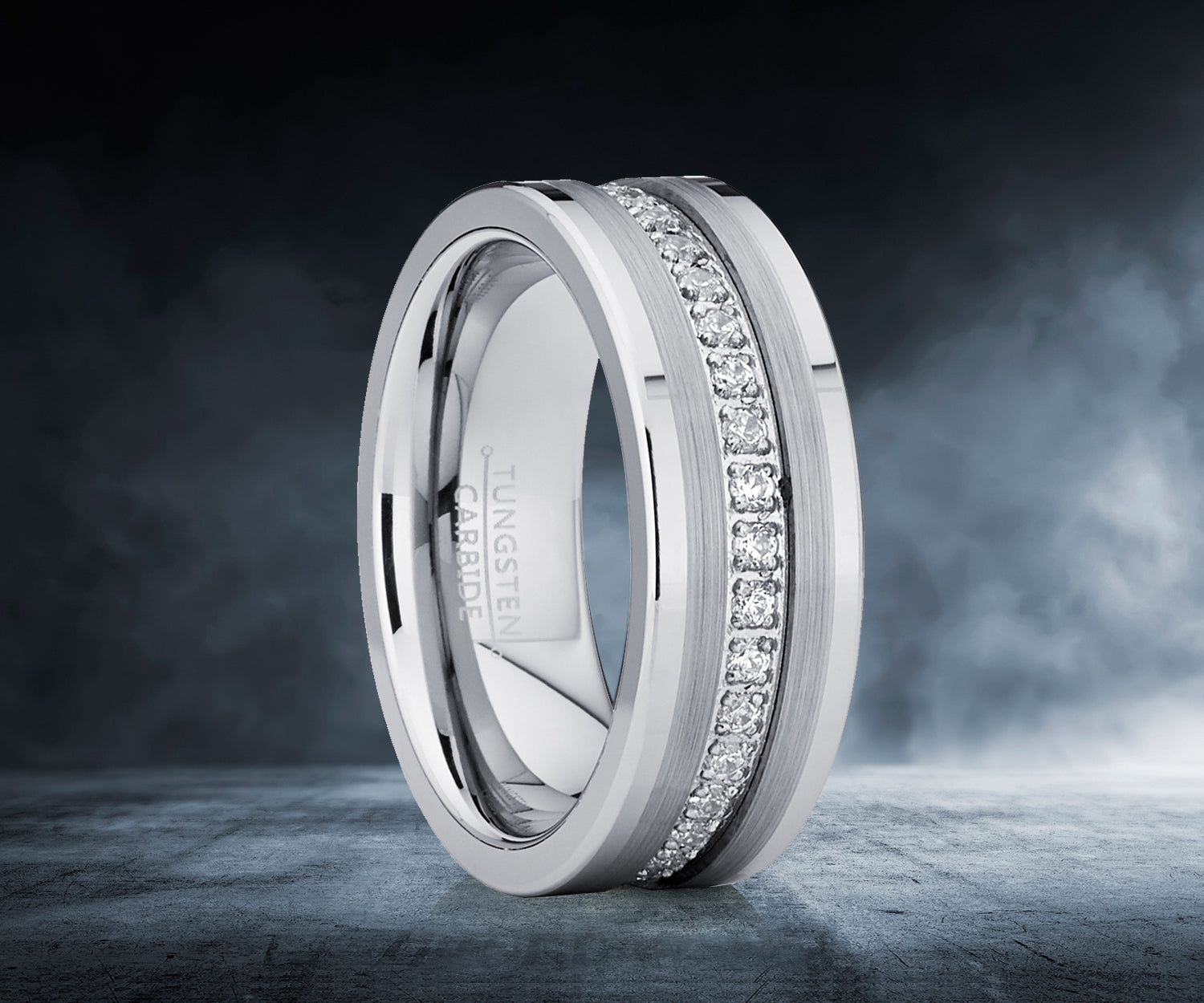 Men's Genuine Tungsten Black Wedding Band Eternity Ring Cubic Zirconia Comfort-Fit