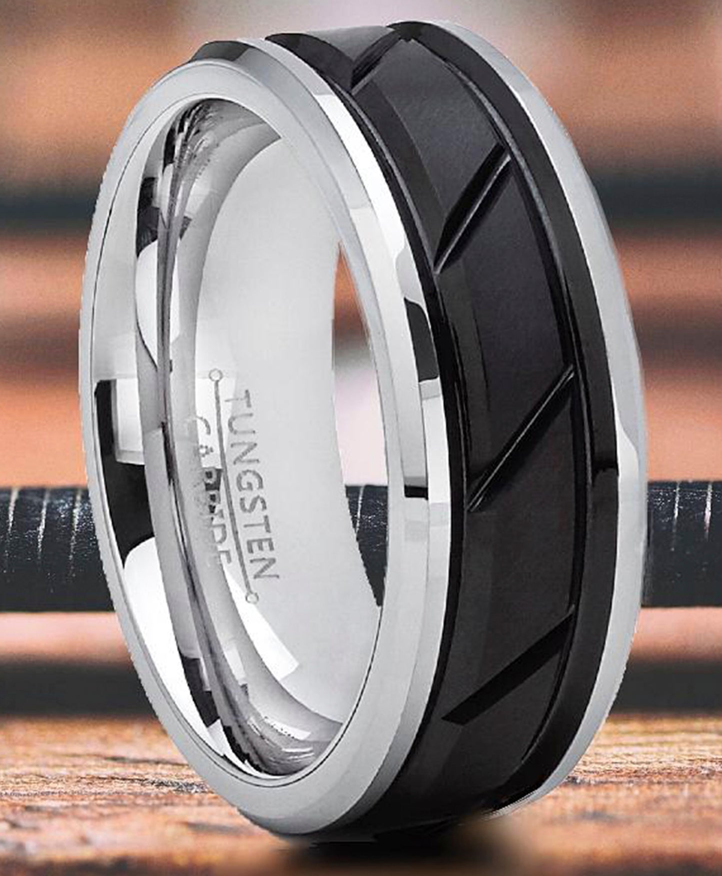 Tungsten Carbide Men's Black Diagonal Grooved Wedding Band Engagement Ring, Comfort Fit