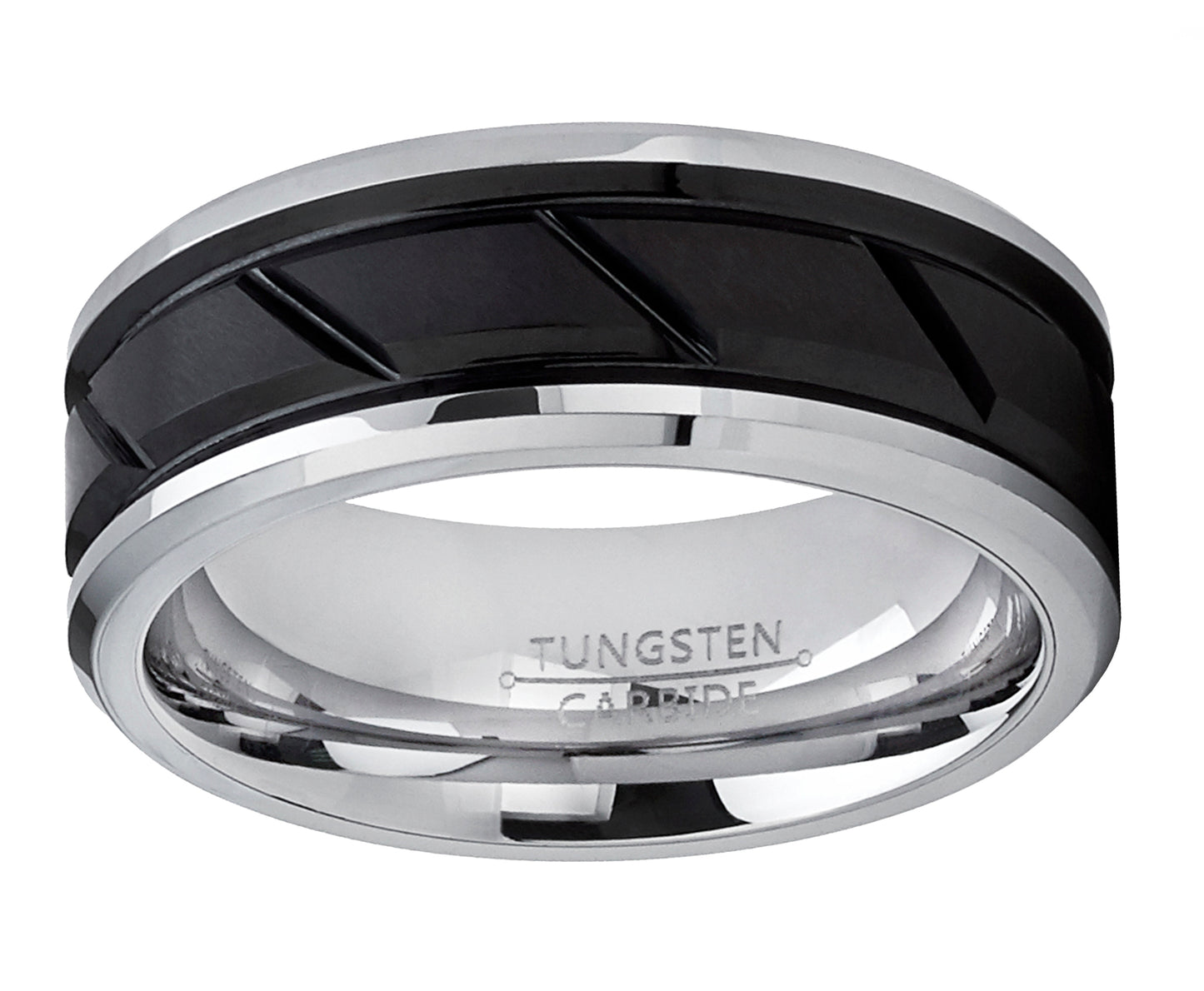 Tungsten Carbide Men's Black Diagonal Grooved Wedding Band Engagement Ring, Comfort Fit