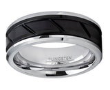 Tungsten Carbide Men's Black Diagonal Grooved Wedding Band Engagement Ring, Comfort Fit