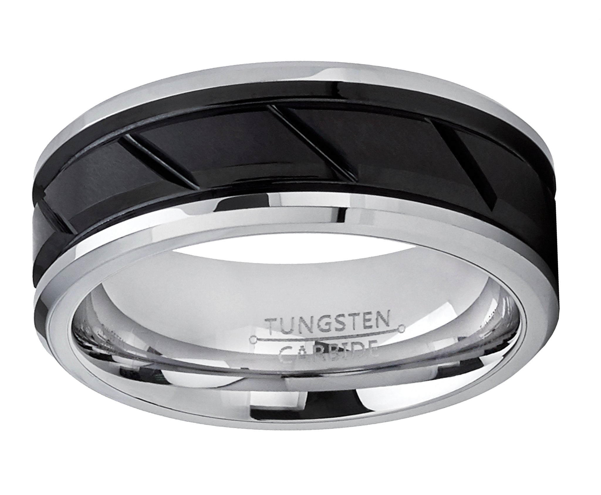 Tungsten Carbide Men's Black Diagonal Grooved Wedding Band Engagement Ring, Comfort Fit