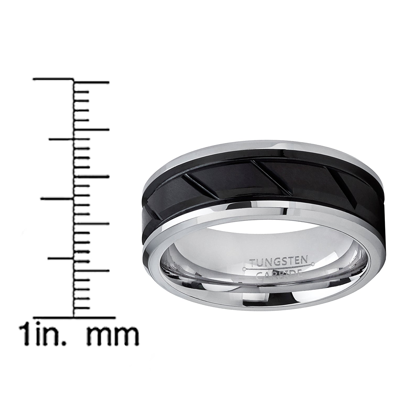 Tungsten Carbide Men's Black Diagonal Grooved Wedding Band Engagement Ring, Comfort Fit