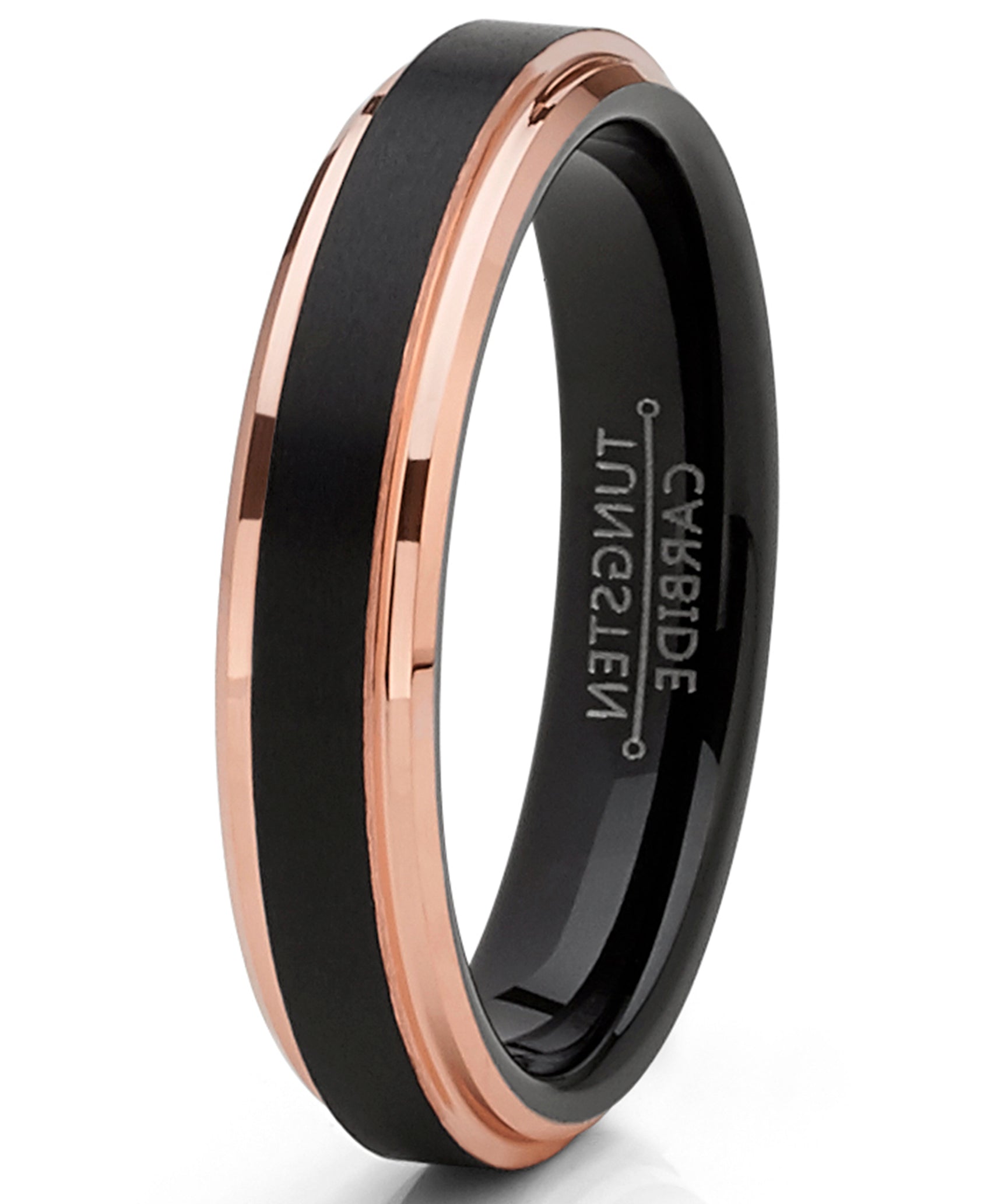 Men's Tungsten Carbide Black Brushed Wedding Band Rose Goldtone Ring Comfort Fit 4mm