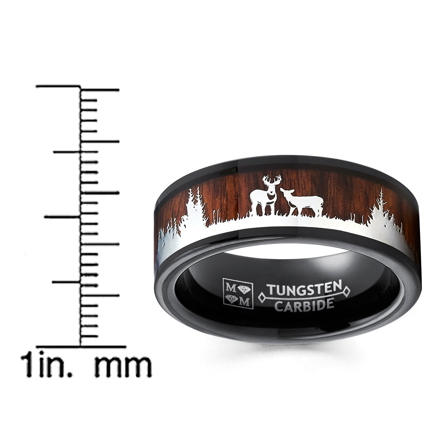 Men's Black Tungsten Hunting Ring Wedding Band Wood Deer Nature 8MM