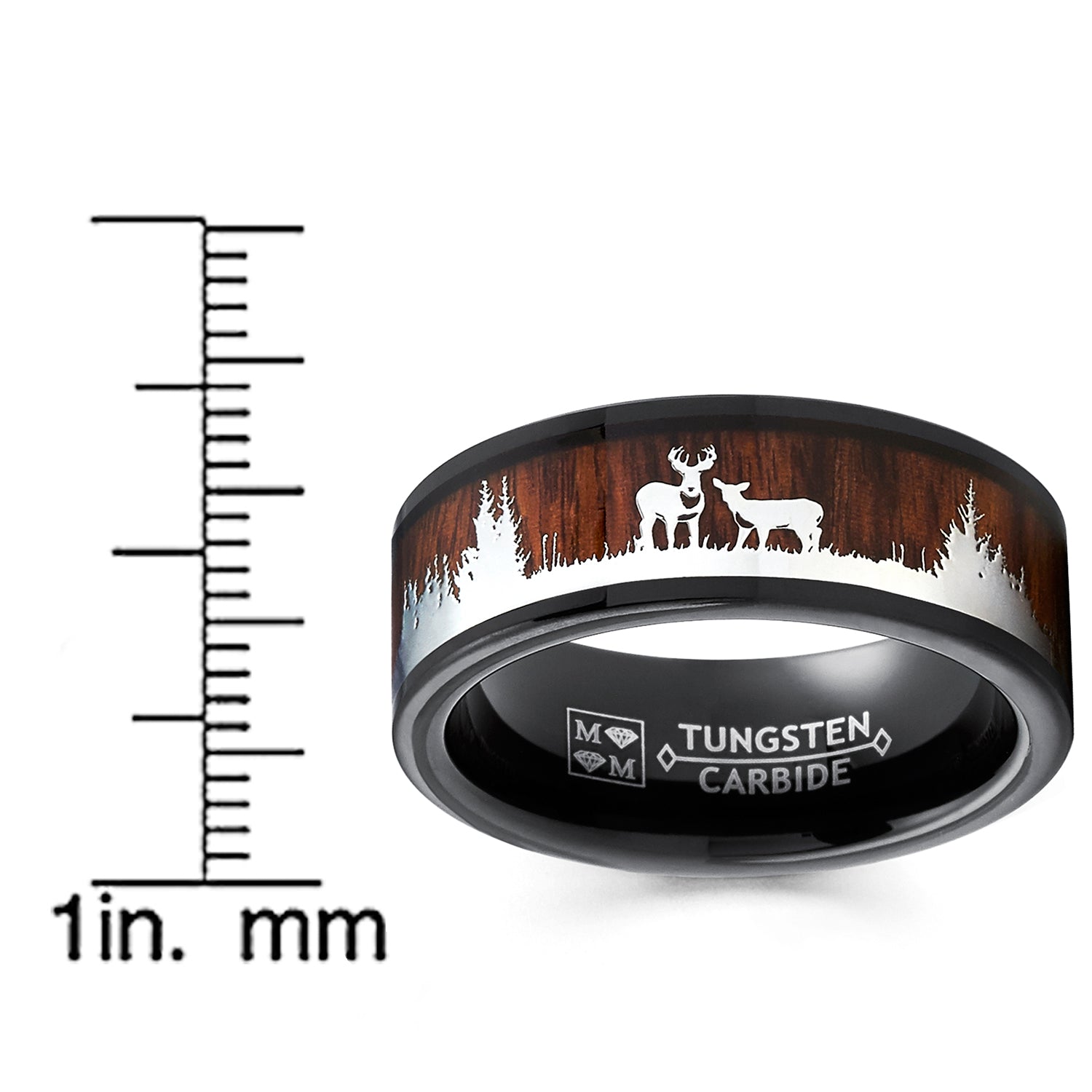 Men's Black Tungsten Hunting Ring Wedding Band Wood Deer Nature 8MM