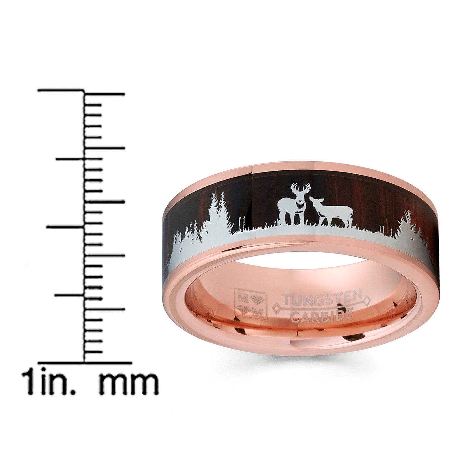 Men's Rose Goldtone Tungsten Hunting Ring Wedding Band Wood Inlay Deer Stag Silhouette