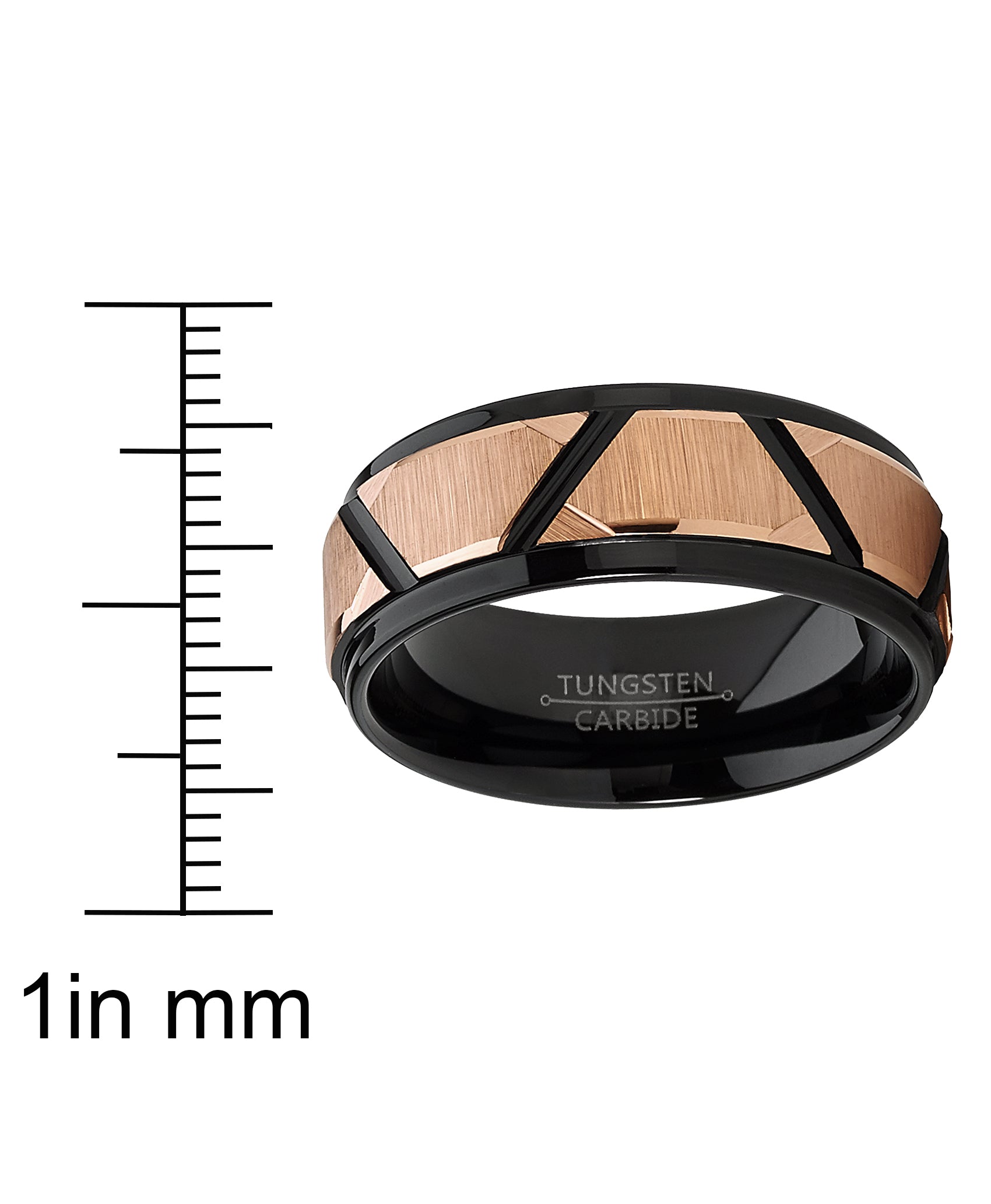 Men's Tungsten Carbide Wedding Ring Black and Rose Goldtone Faceted Band 8mm