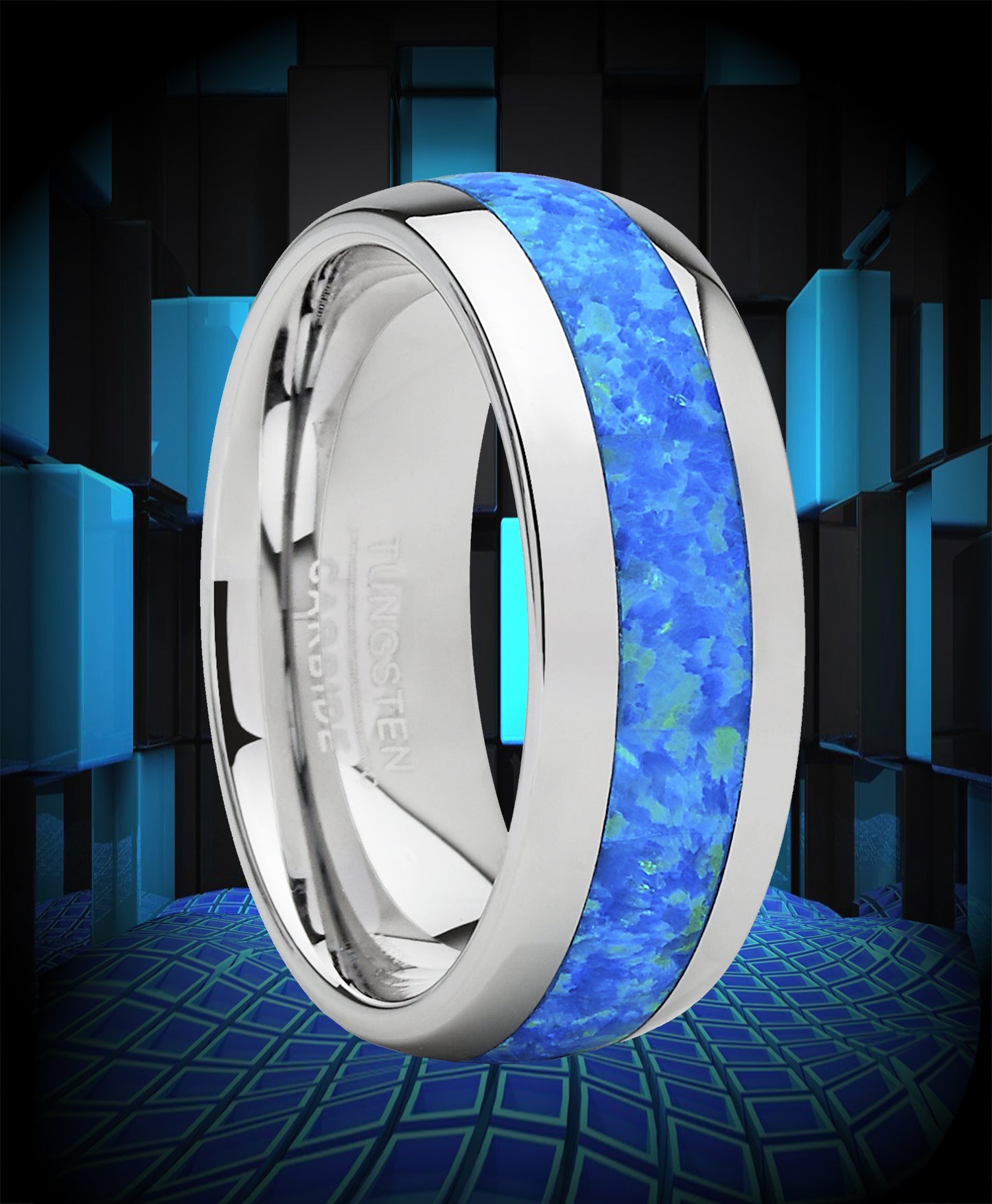 Men's Tungsten Carbide Wedding Band Dome Ring with Blue Green Simulated Opal Inlay 8mm
