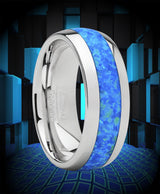 Men's Tungsten Carbide Wedding Band Dome Ring with Blue Green Simulated Opal Inlay 8mm