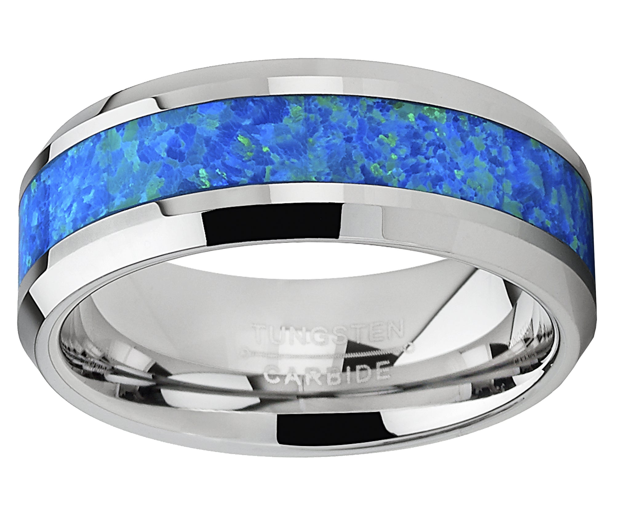 Men's Tungsten Carbide Wedding Band Ring with Blue Green Simulated Opal Inlay 8mm