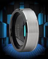 Men's Tungsten Carbide Wedding Band Flat Top Brushed Two Tone Black Ring 8mm