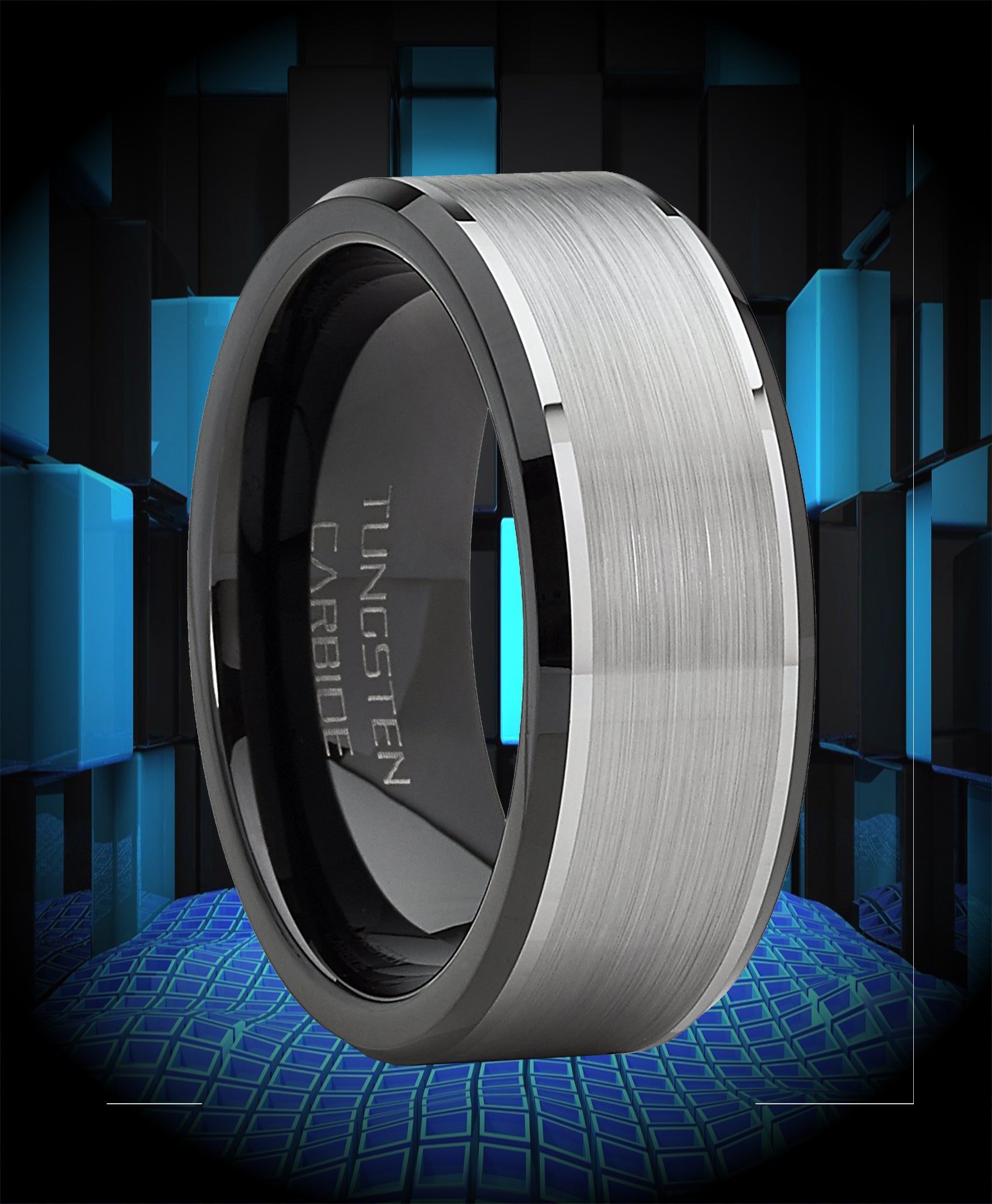 Men's Tungsten Carbide Wedding Band Flat Top Brushed Two Tone Black Ring 8mm