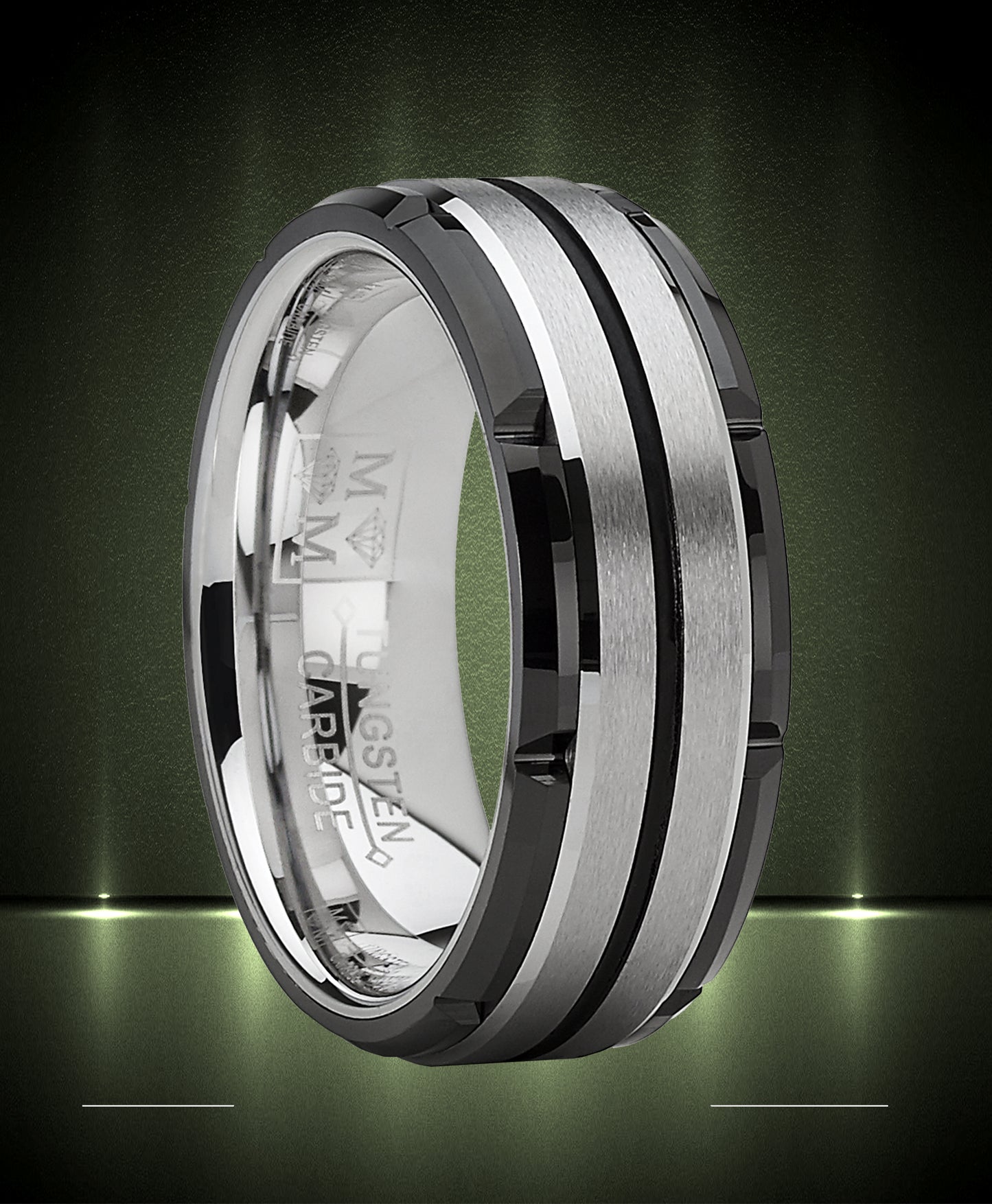 Men's Tungsten Carbide Wedding Band Flat Top Brushed Two Tone Black Ring 8mm