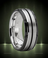 Men's Tungsten Carbide Wedding Band Flat Top Brushed Two Tone Black Ring 8mm
