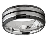 Men's Tungsten Carbide Wedding Band Flat Top Brushed Two Tone Black Ring 8mm
