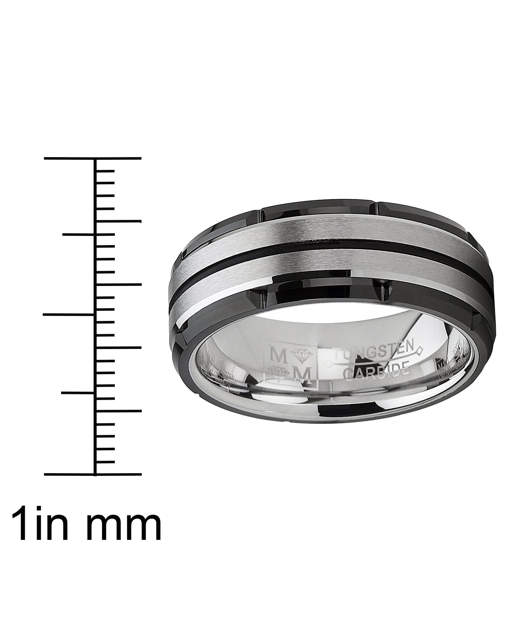Men's Tungsten Carbide Wedding Band Flat Top Brushed Two Tone Black Ring 8mm