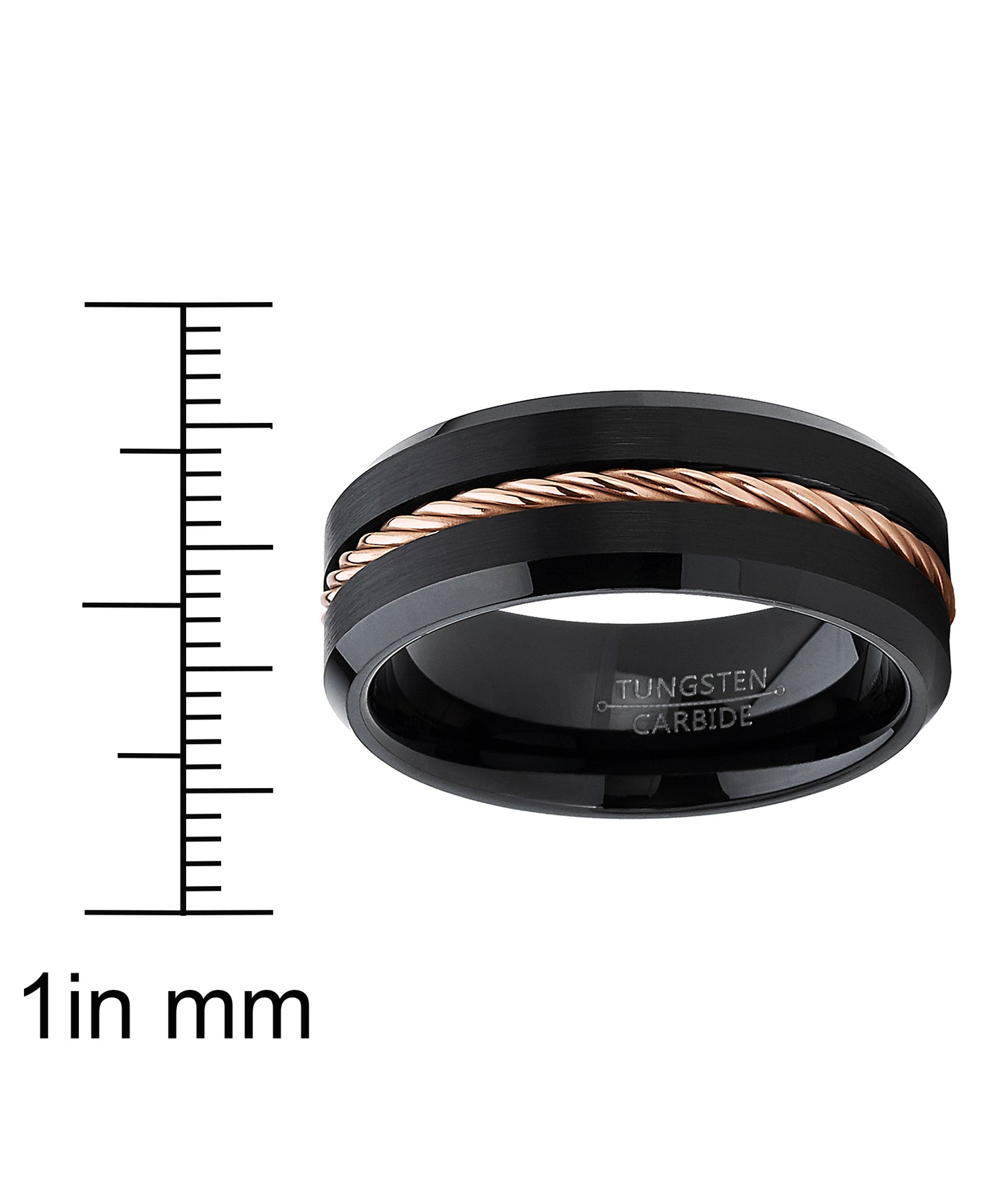 Men's Black Tungsten Carbide Wedding Band Ring Rose Gold Tone Steel Cable Inlay