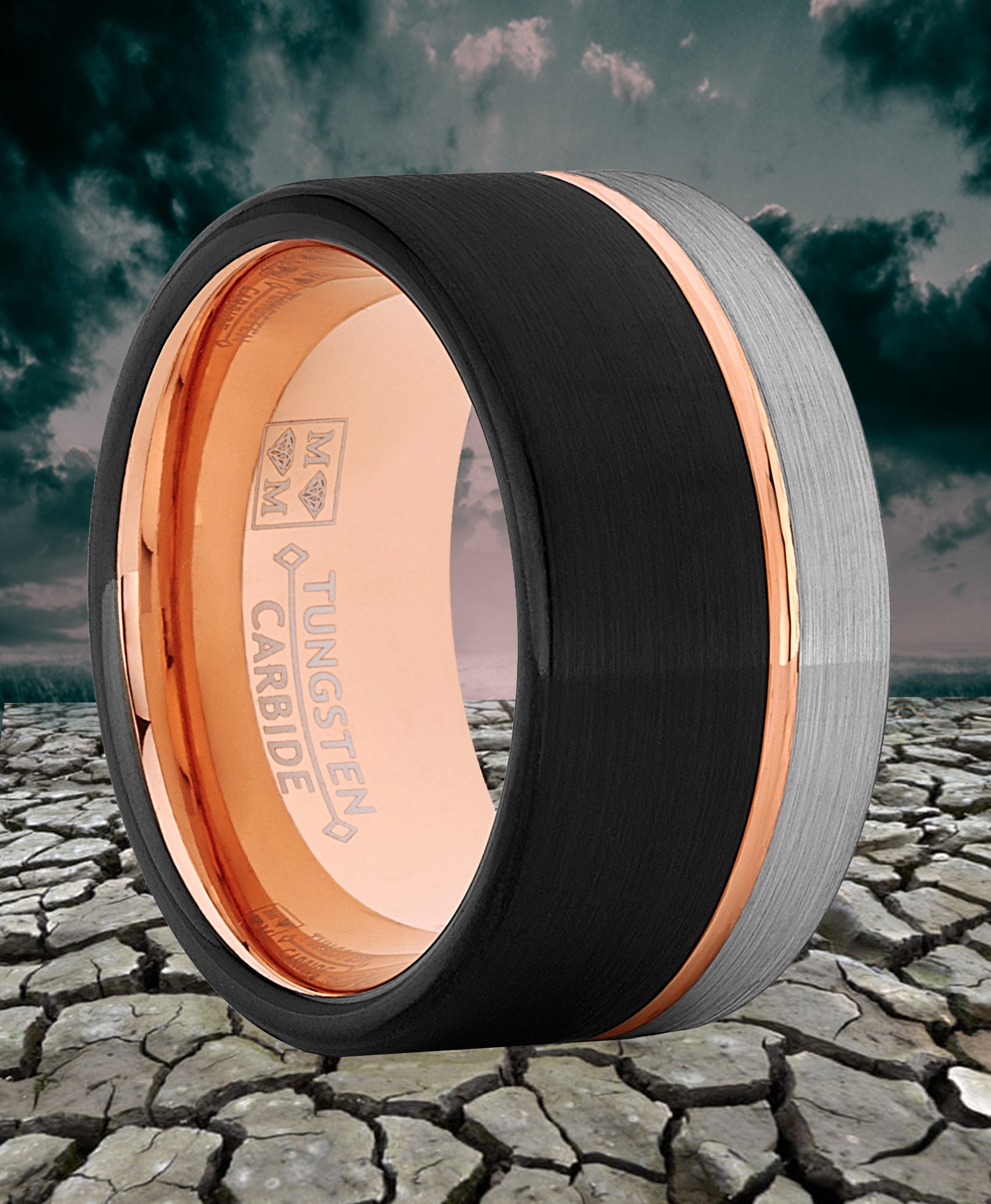 Tungsten Wedding Band Ring 12mm for Men Black & Rose Goldtone Pipe Cut