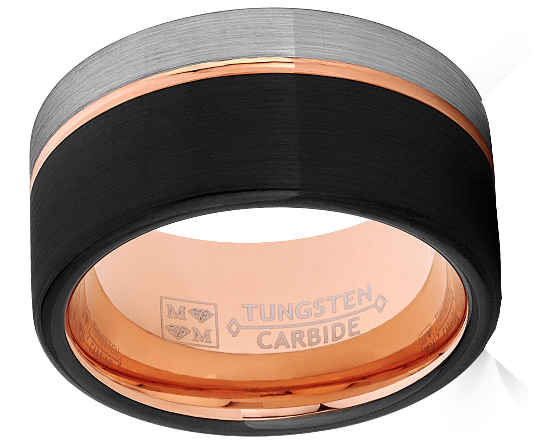 Tungsten Wedding Band Ring 12mm for Men Black & Rose Goldtone Pipe Cut