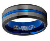 Tungsten Wedding Band Grooved Ring 8mm for Men's Blue Black Gunmetal
