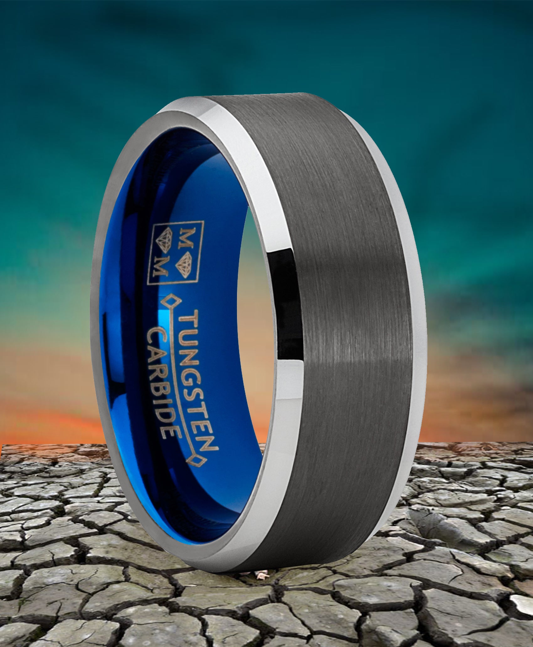 Tungsten Wedding Band Ring 8mm for Men's Blue and Gunmetal