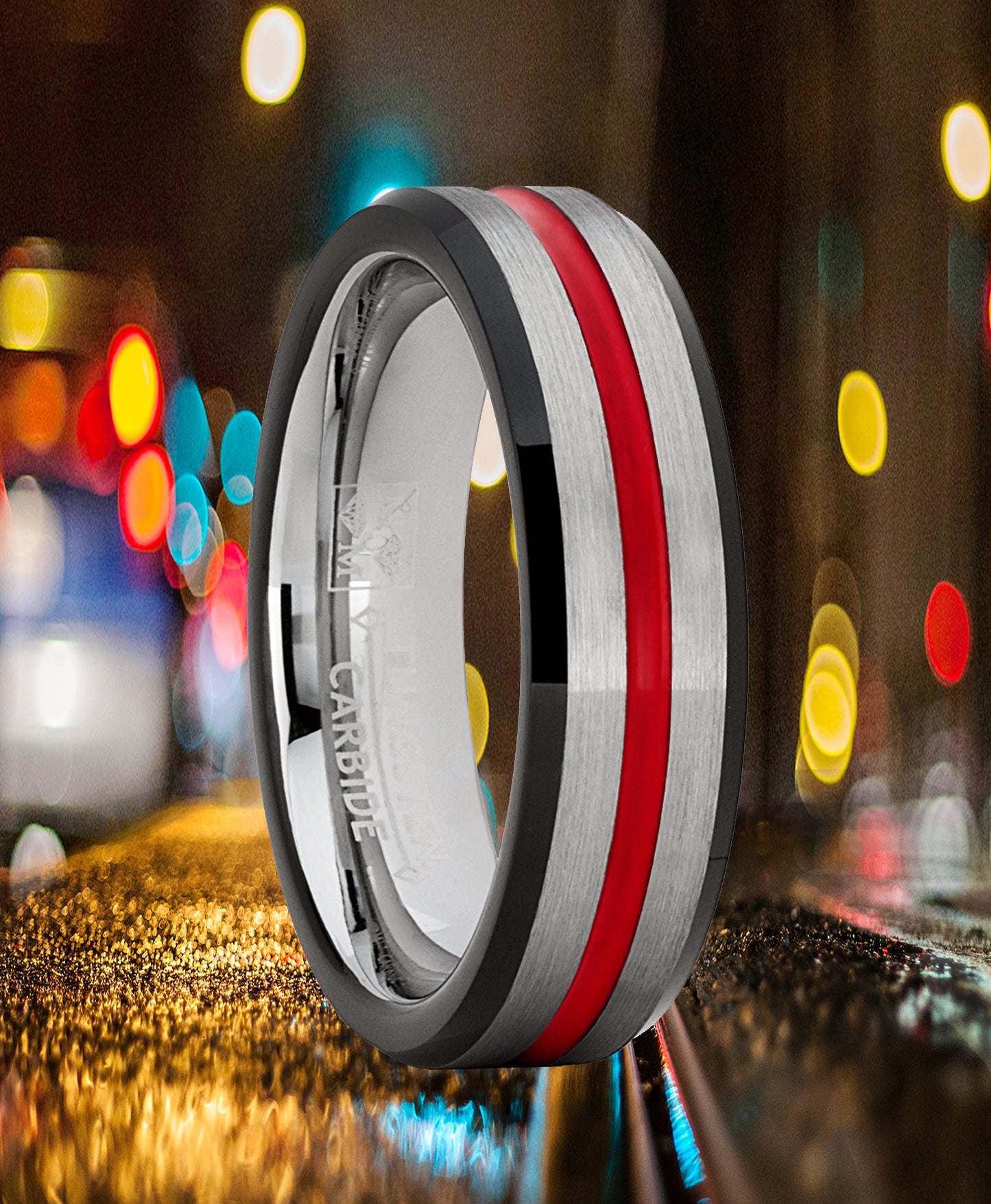 Tungsten Wedding Band Grooved Ring 6mm for Men's Black and Red
