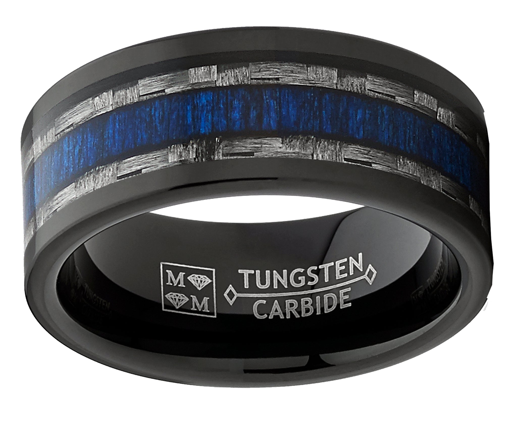 Mens Tungsten Wedding Band Ring Carbon Fiber Blue Wood Inlay 9MM Comfort-Fit