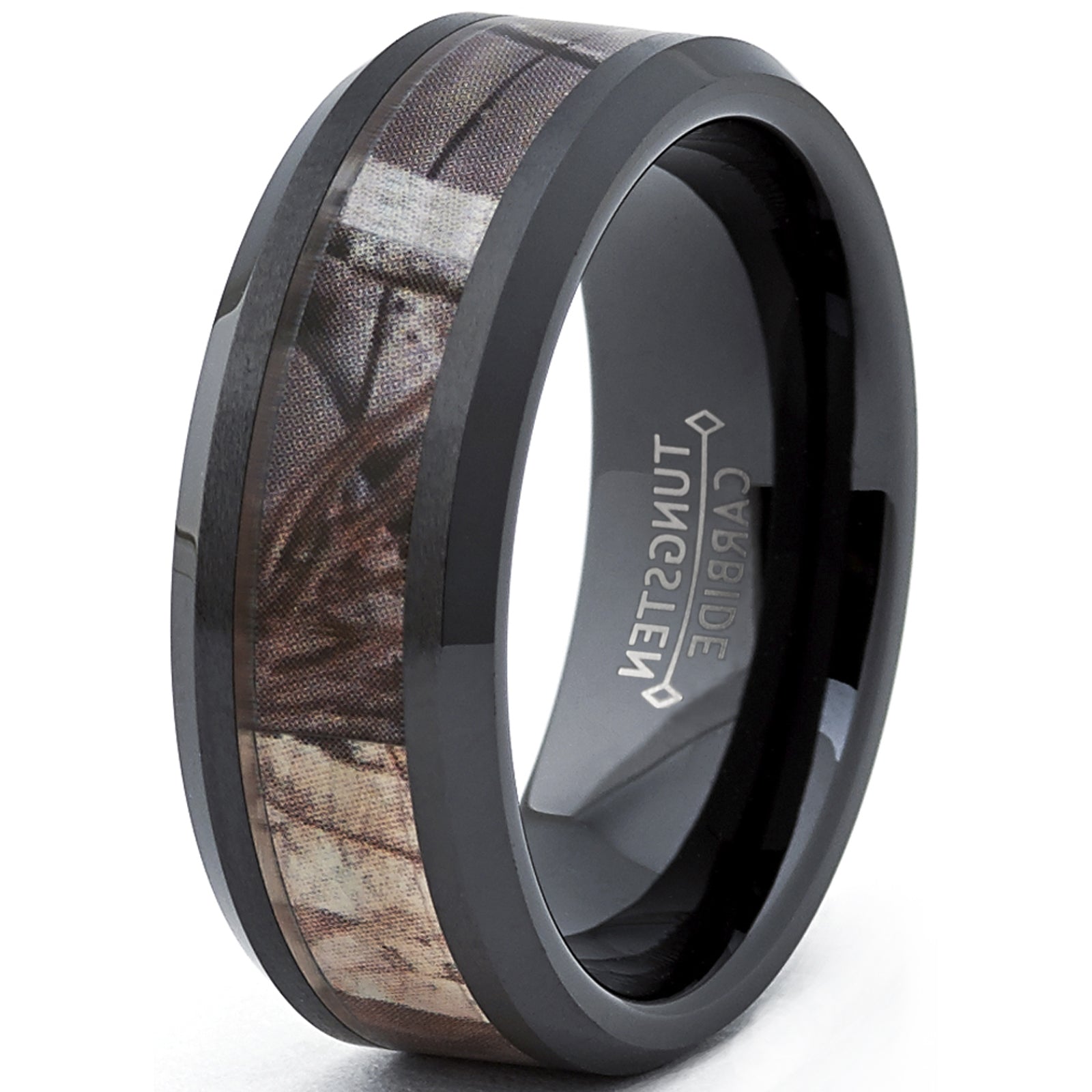 Black Tungsten Men's Hunting Camo Ring, Comfort Fit Band, 8mm Sizes 5 to 15